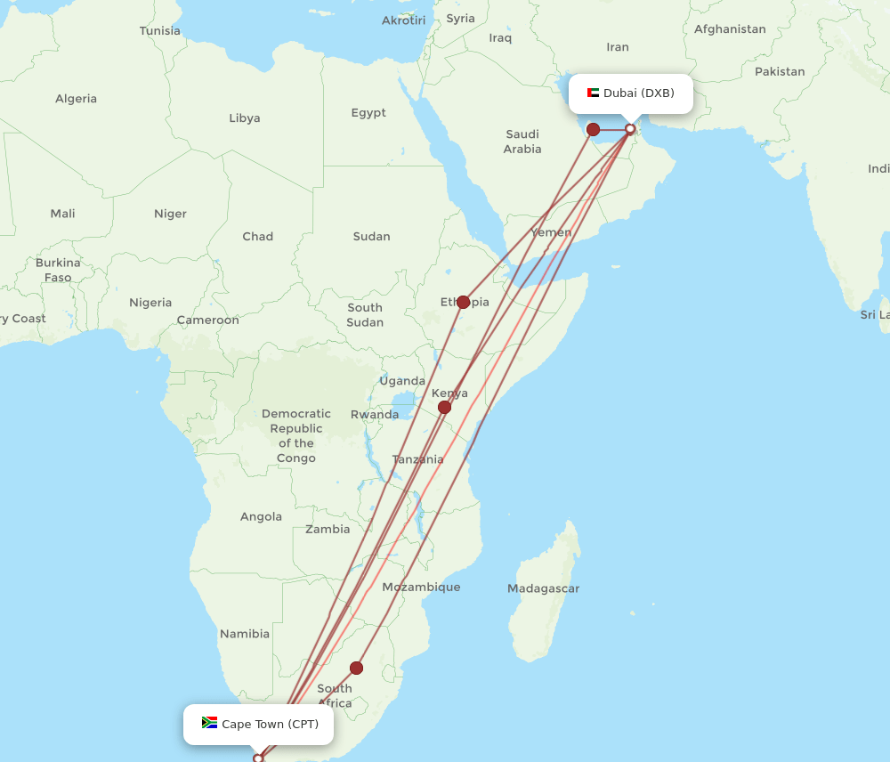 DXB to CPT flights and routes map