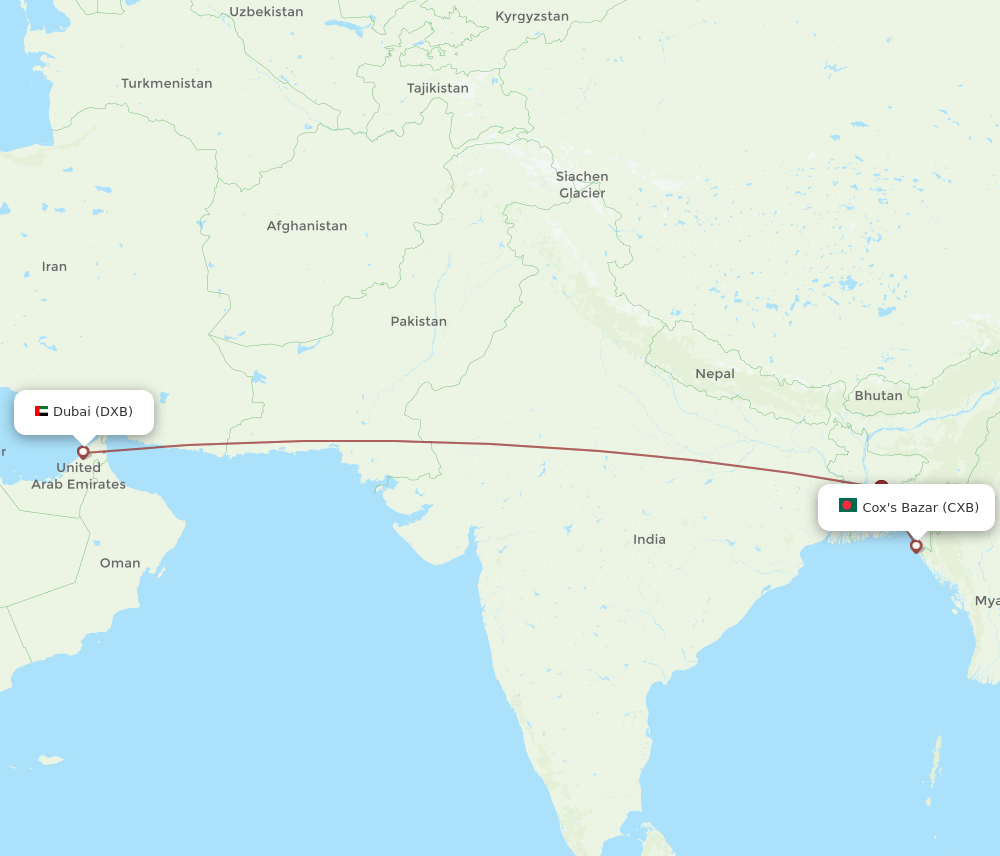DXB to CXB flights and routes map
