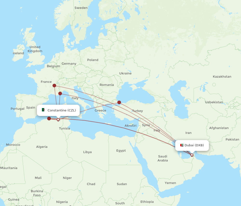 DXB to CZL flights and routes map