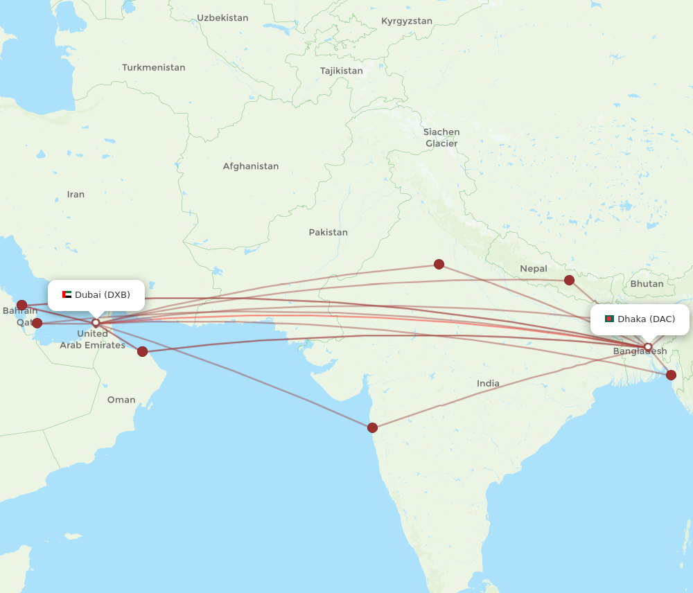 DXB to DAC flights and routes map