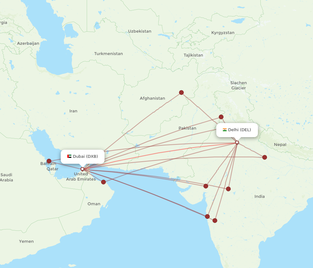 DXB to DEL flights and routes map