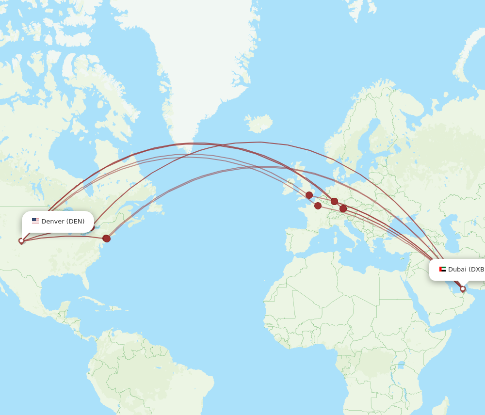 DXB to DEN flights and routes map