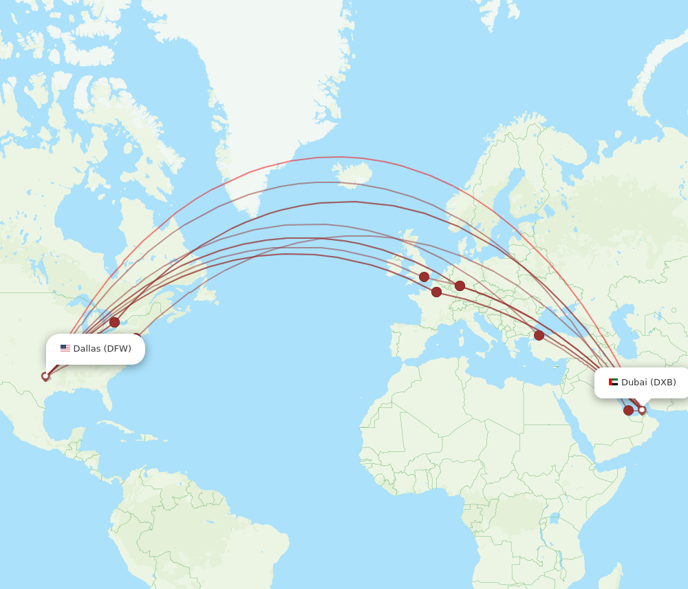 DXB to DFW flights and routes map