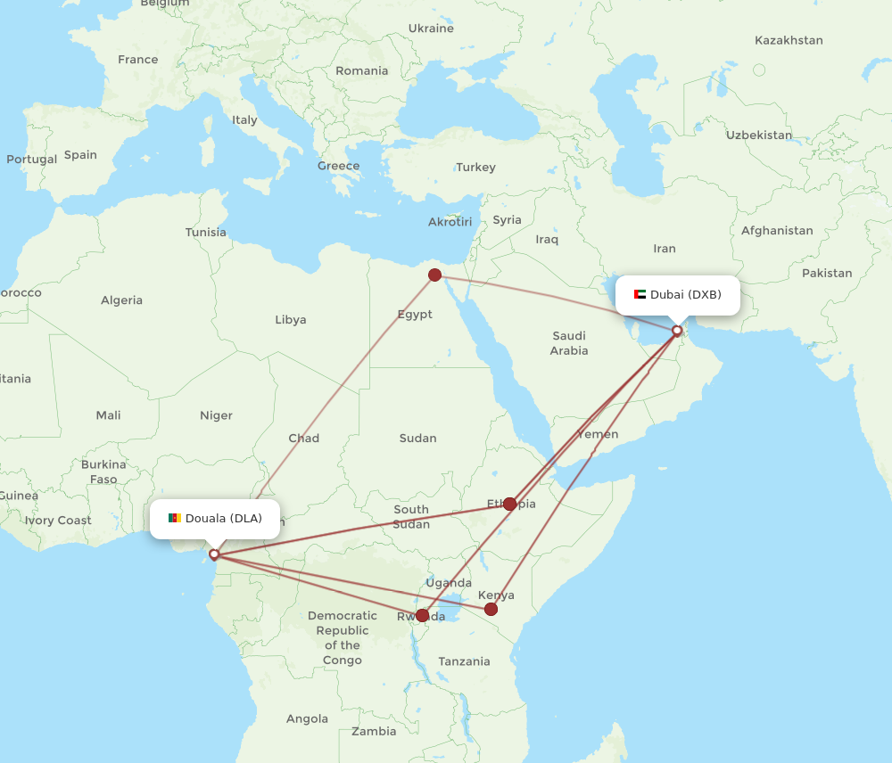 DXB to DLA flights and routes map
