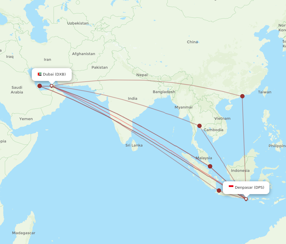 DXB to DPS flights and routes map