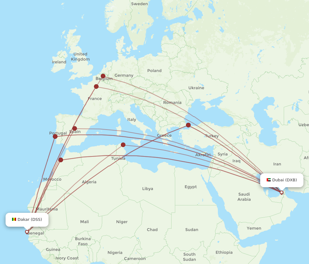 DXB to DSS flights and routes map