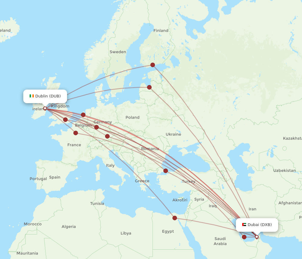 DXB to DUB flights and routes map