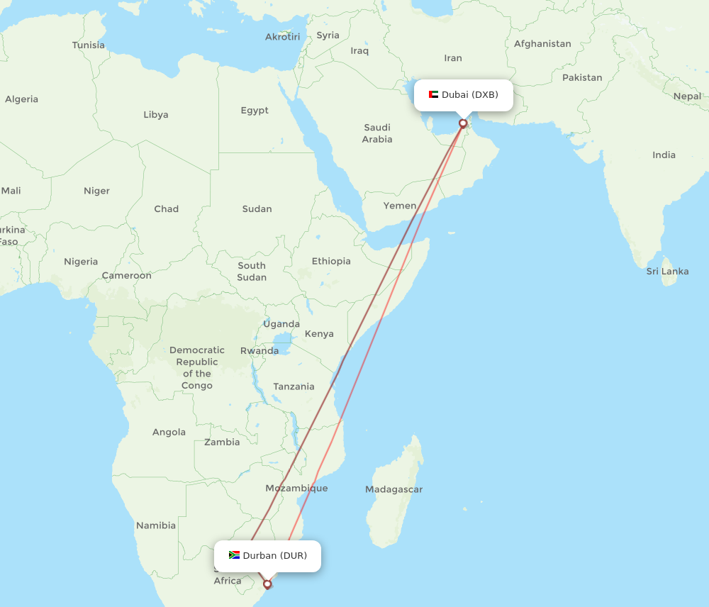 DXB to DUR flights and routes map