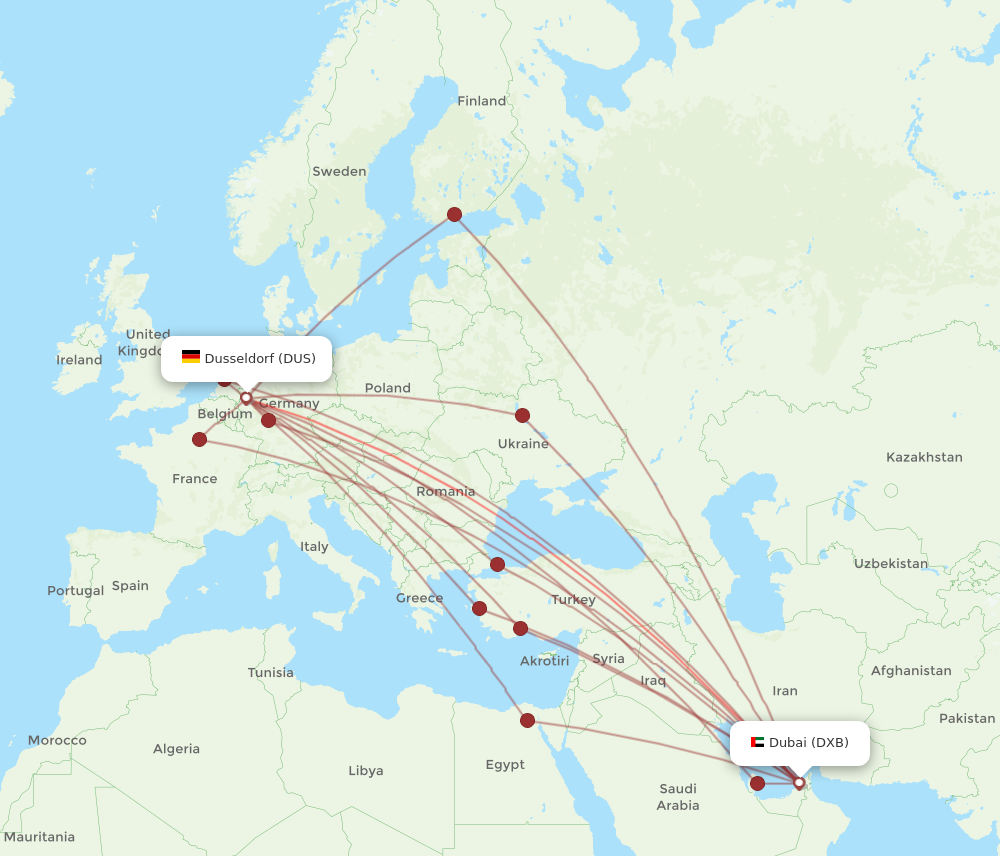 DXB to DUS flights and routes map