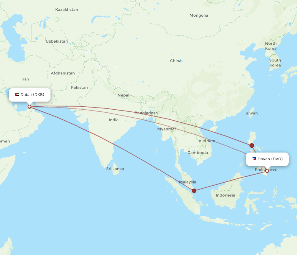 DXB to DVO flights and routes map