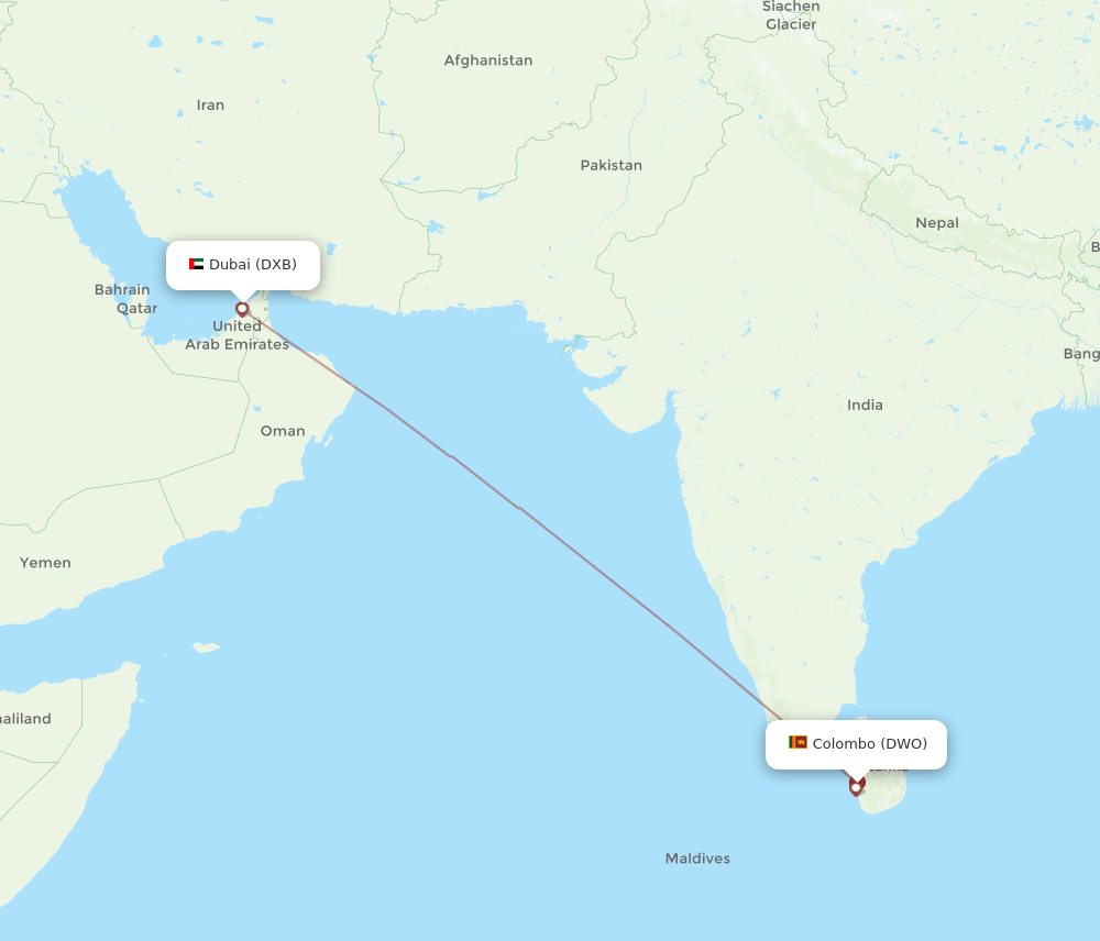 Dubai - Colombo route map and flight paths