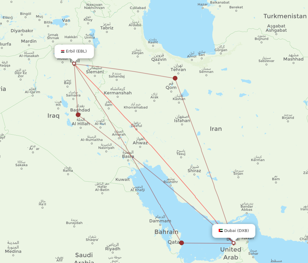 DXB to EBL flights and routes map