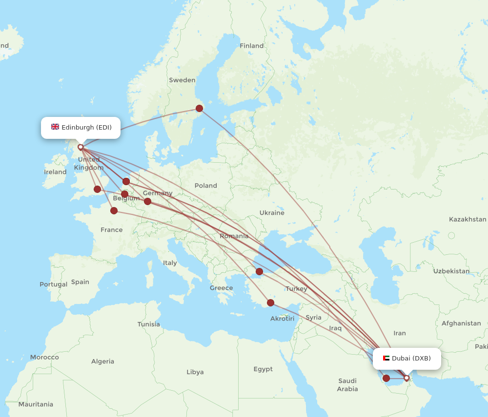 DXB to EDI flights and routes map
