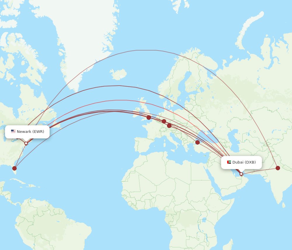 DXB to EWR flights and routes map
