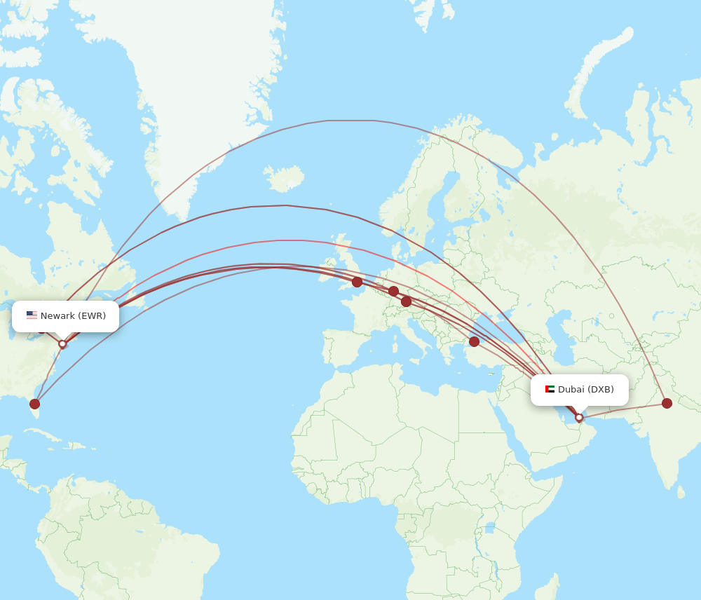 DXB to EWR flights and routes map