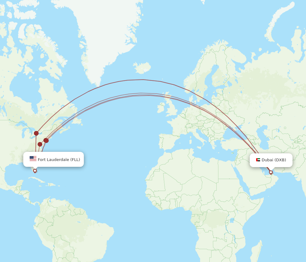 DXB to FLL flights and routes map
