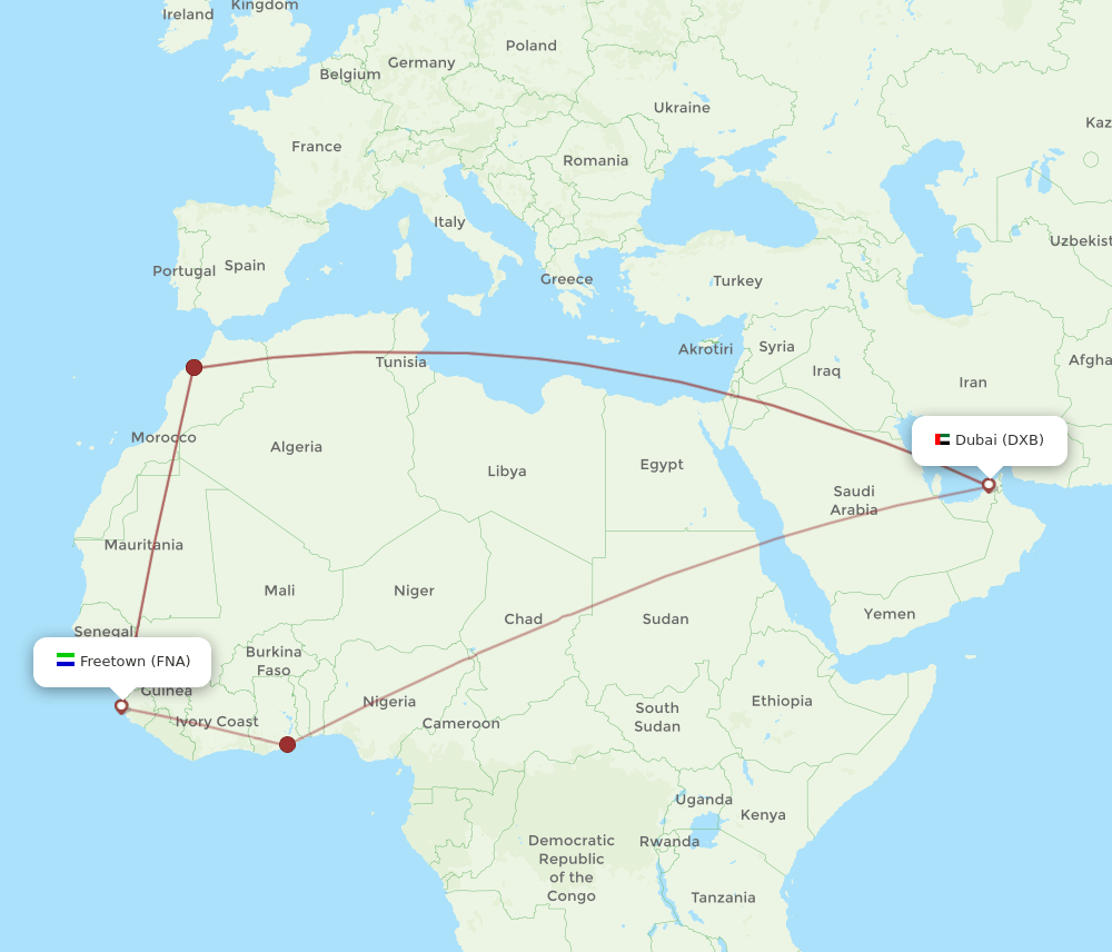 DXB-FNA flight routes