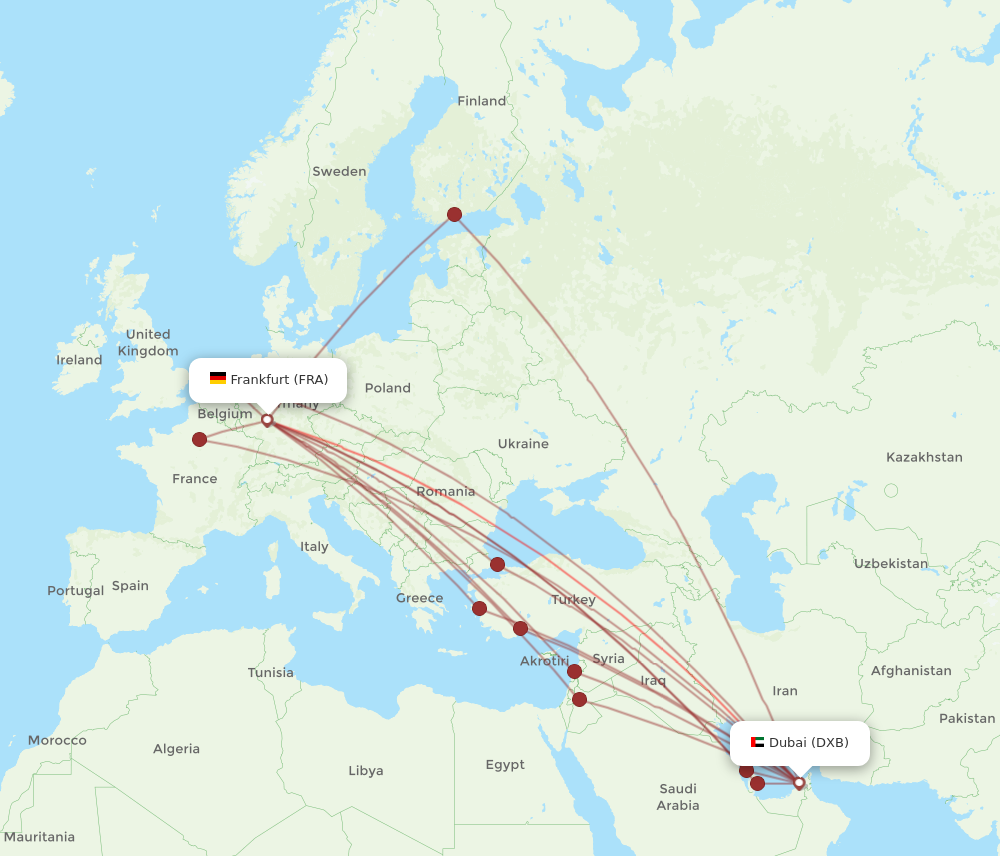 DXB to FRA flights and routes map