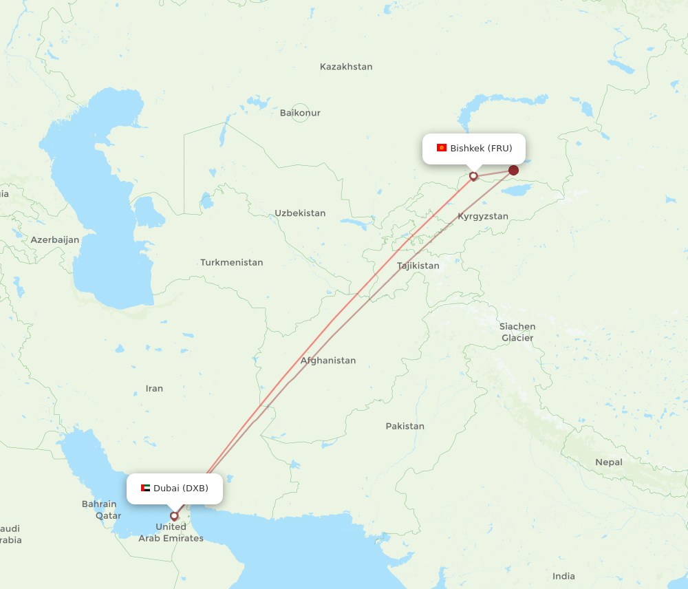 Dubai - Bishkek route map and flight paths