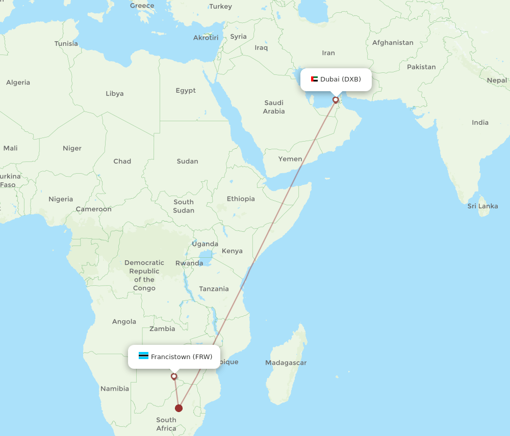 Francistown - Dubai route map and flight paths