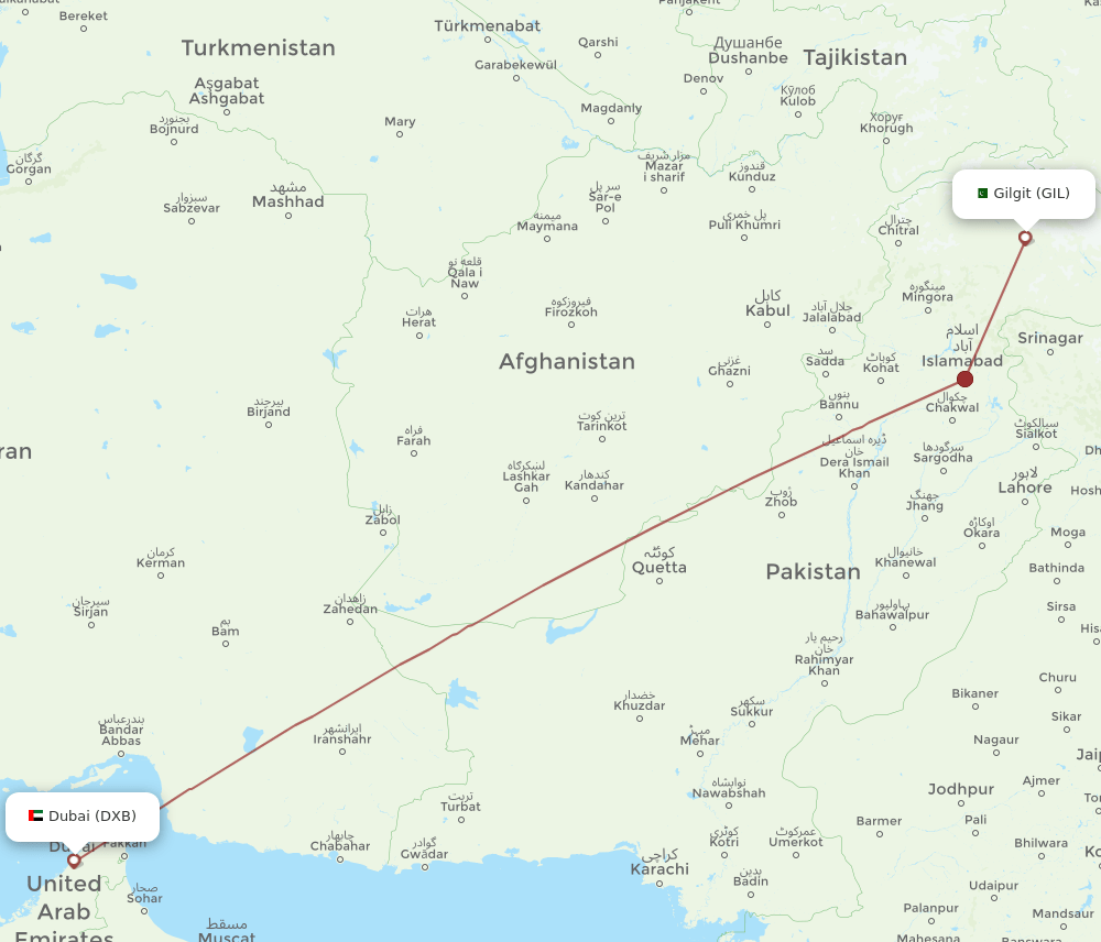 DXB to GIL flights and routes map