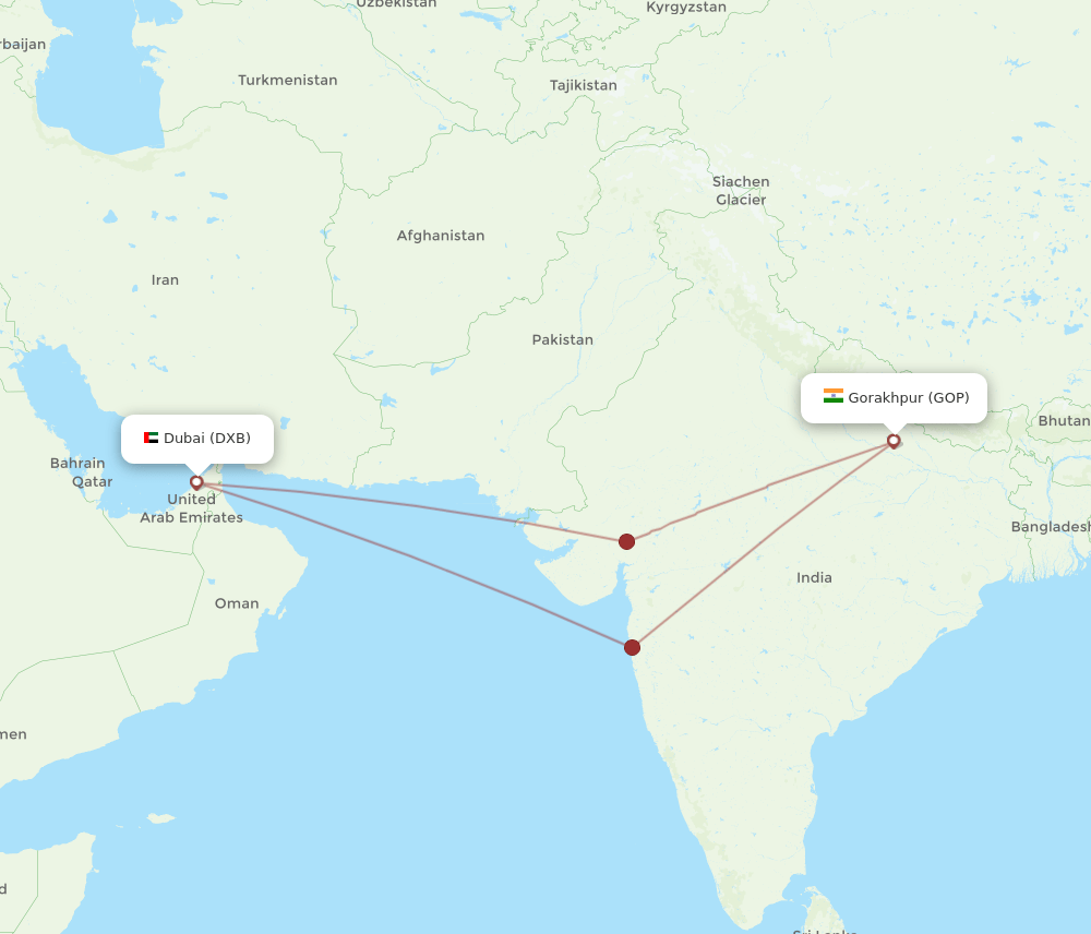 DXB to GOP flights and routes map