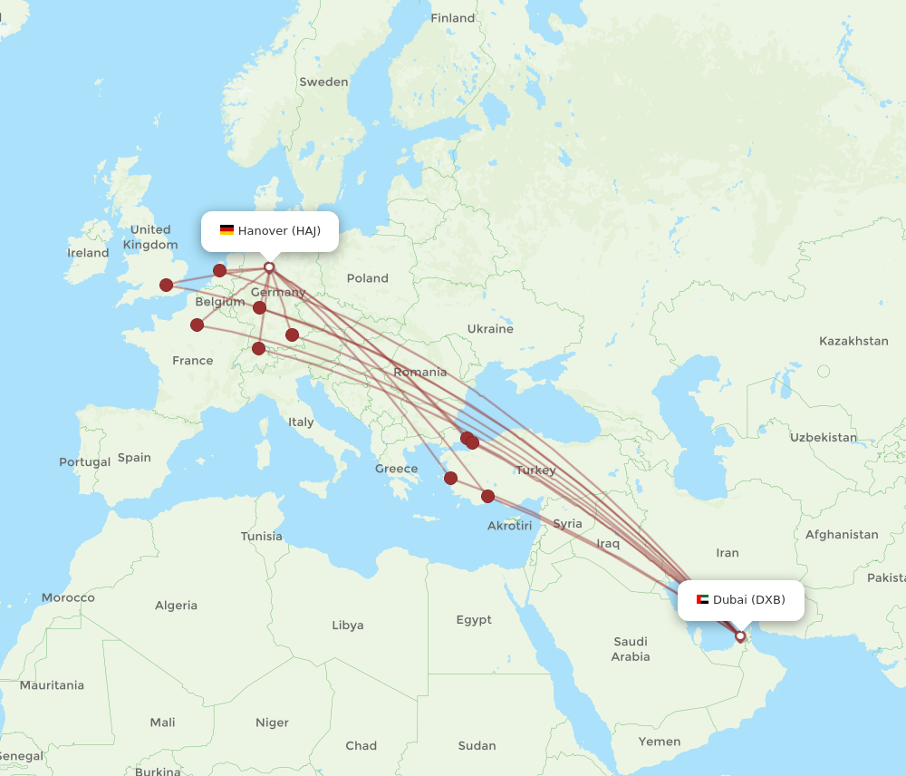 DXB to HAJ flights and routes map