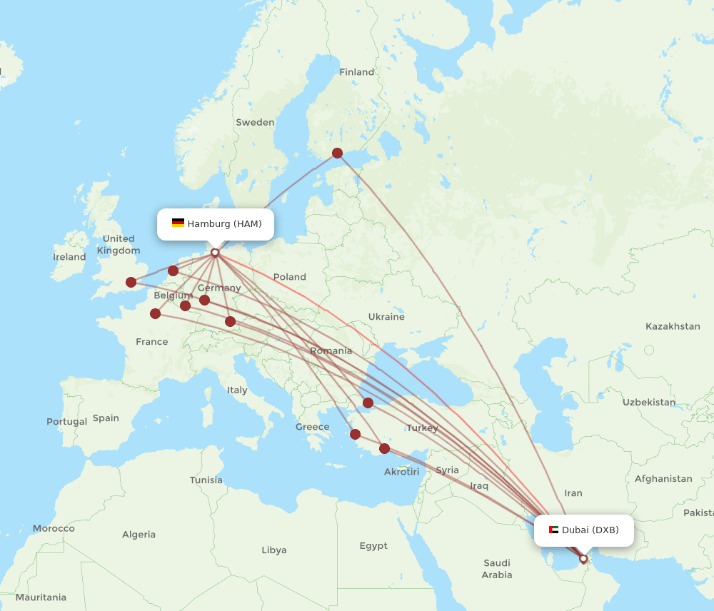 DXB to HAM flights and routes map