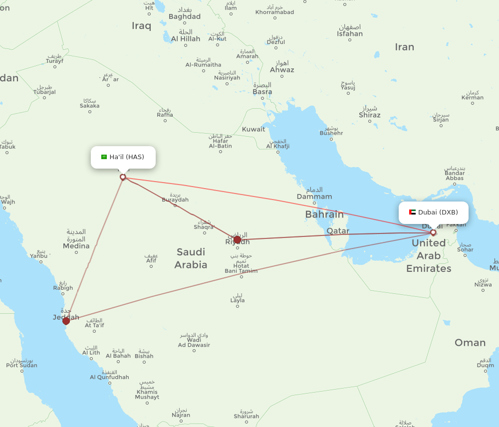 DXB to HAS flights and routes map