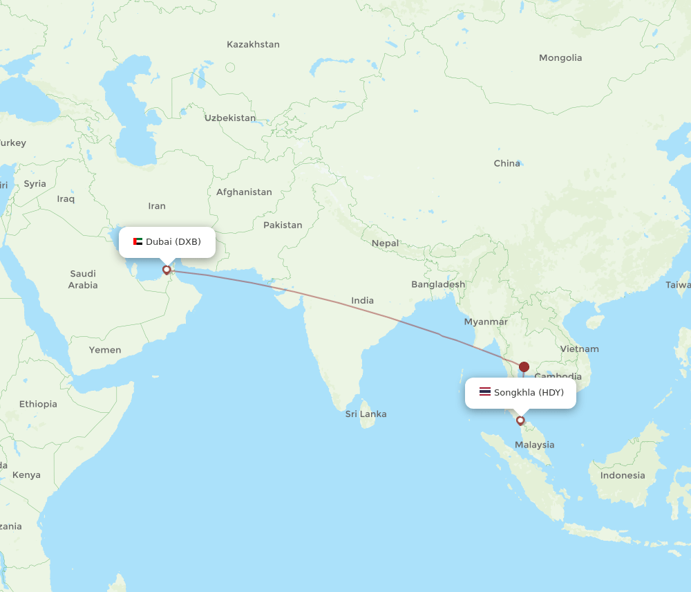 DXB to HDY flights and routes map