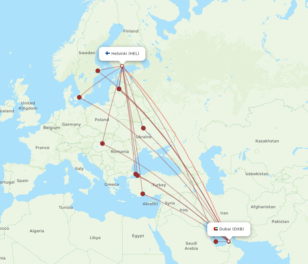 DXB to HEL flights and routes map