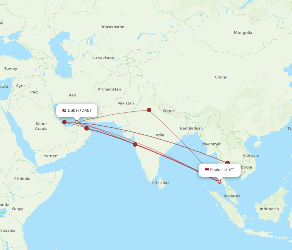 DXB to HKT flights and routes map