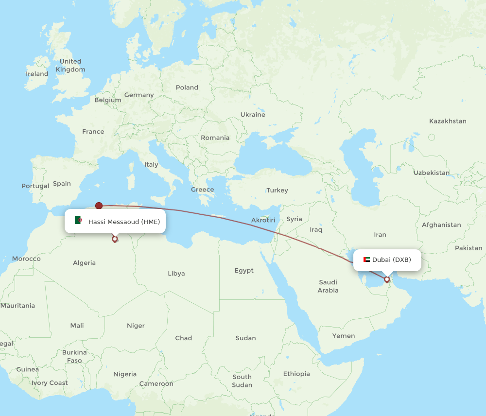 Hassi Messaoud - Dubai route map and flight paths