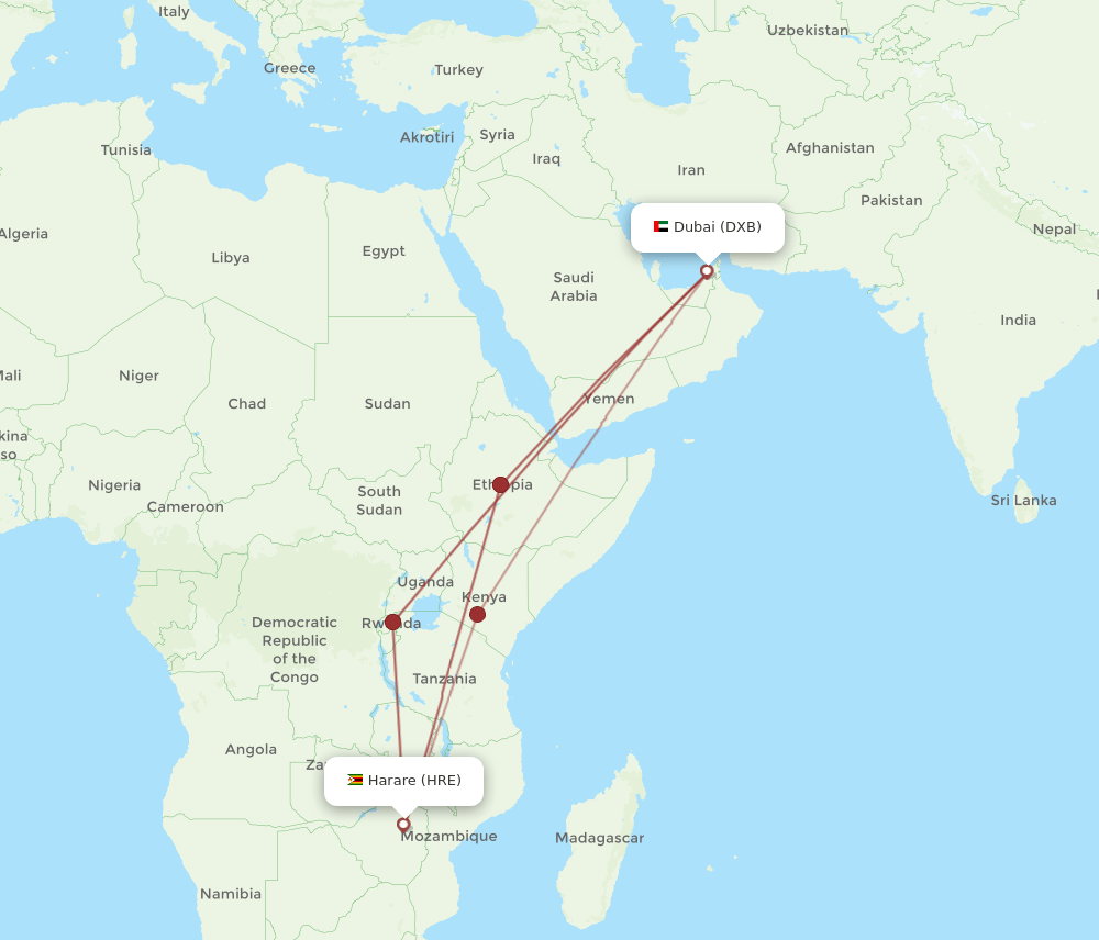 DXB to HRE flights and routes map