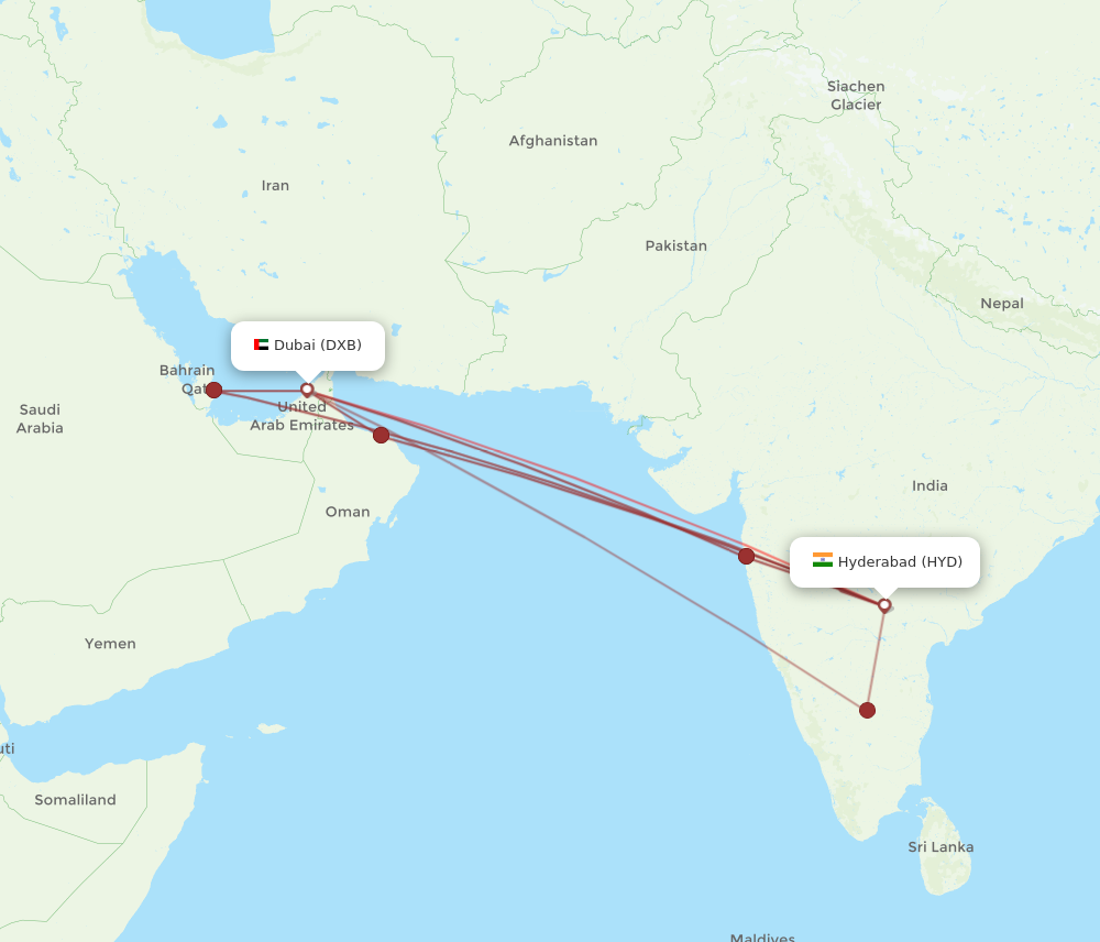 DXB to HYD flights and routes map