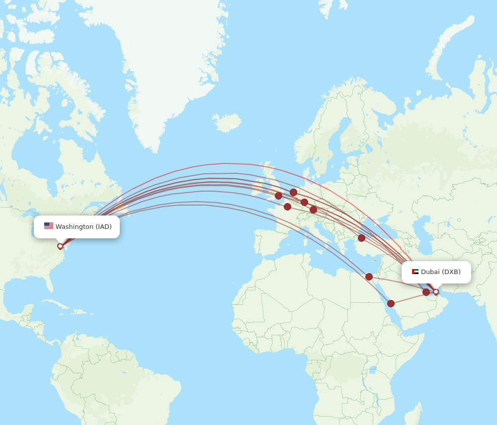 DXB to IAD flights and routes map
