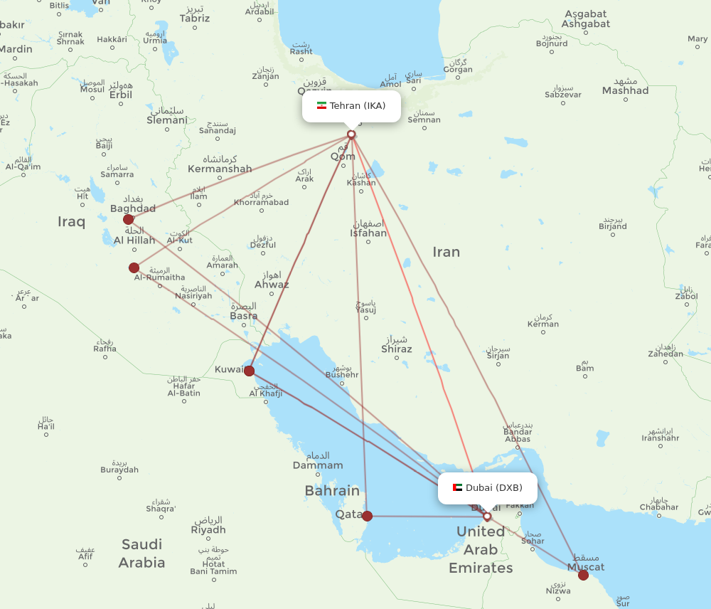 DXB to IKA flights and routes map