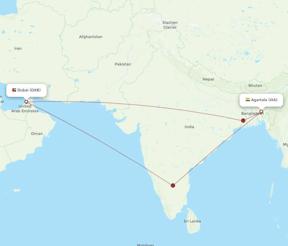 DXB to IXA flights and routes map