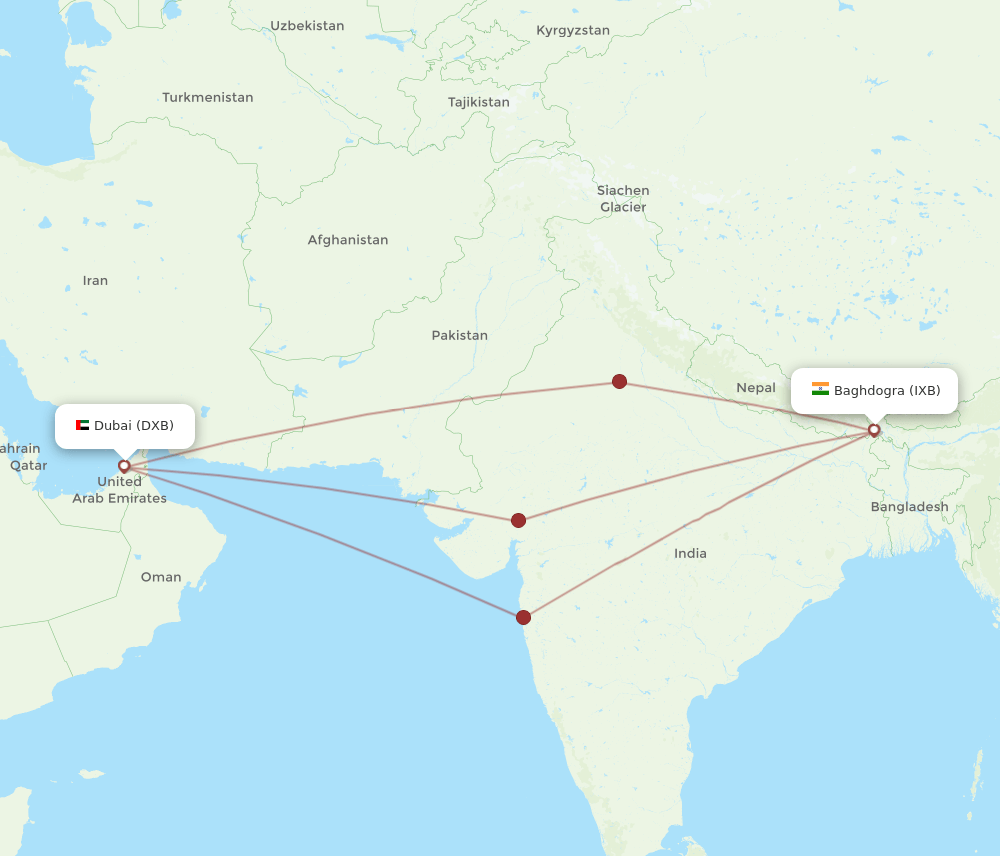 DXB to IXB flights and routes map