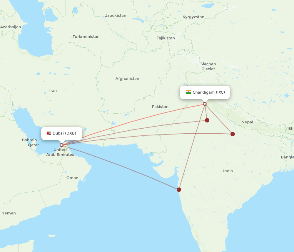 DXB to IXC flights and routes map