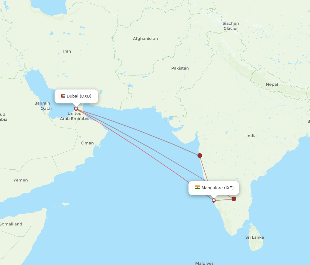 DXB to IXE flights and routes map