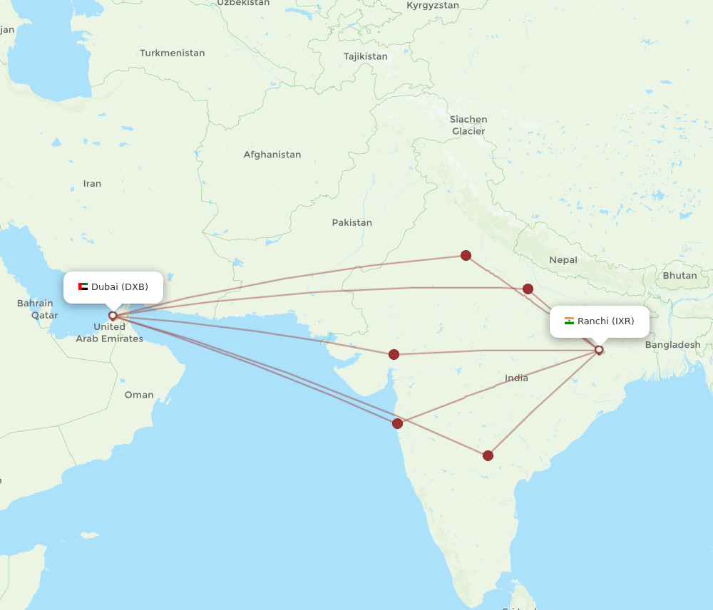 DXB to IXR flights and routes map
