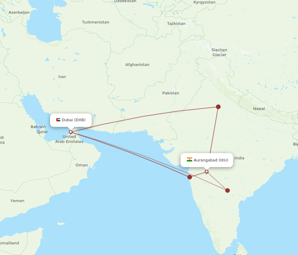 DXB to IXU flights and routes map
