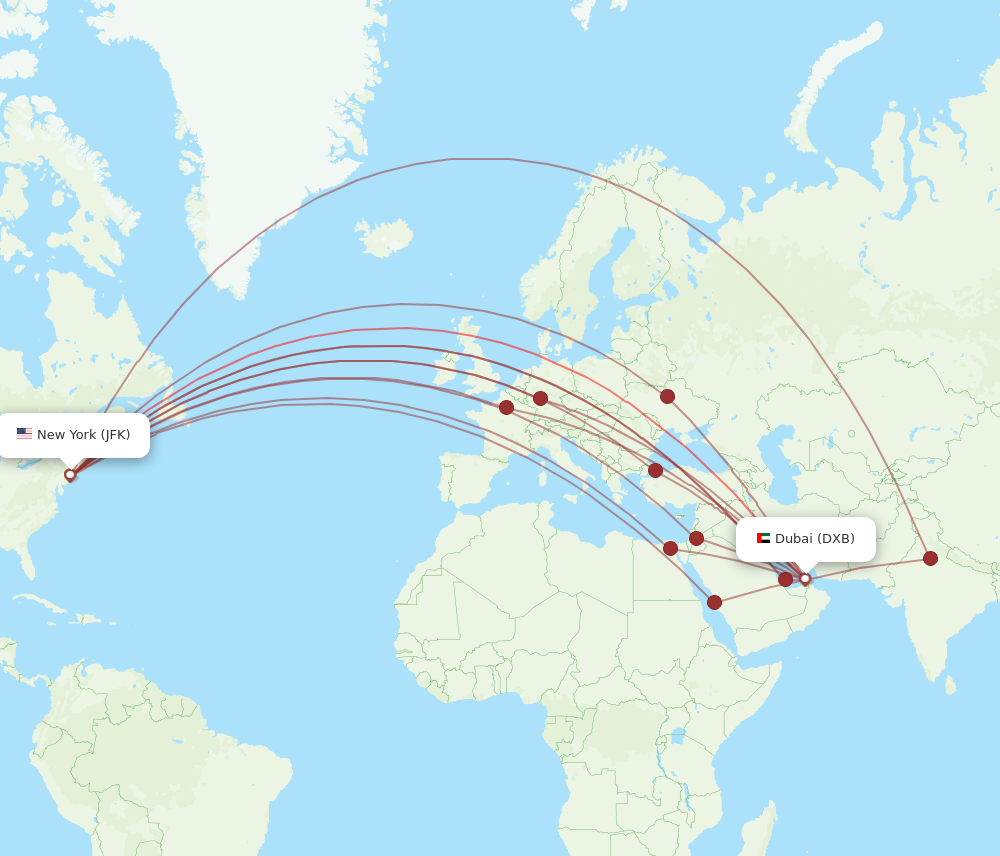 DXB to JFK flights and routes map