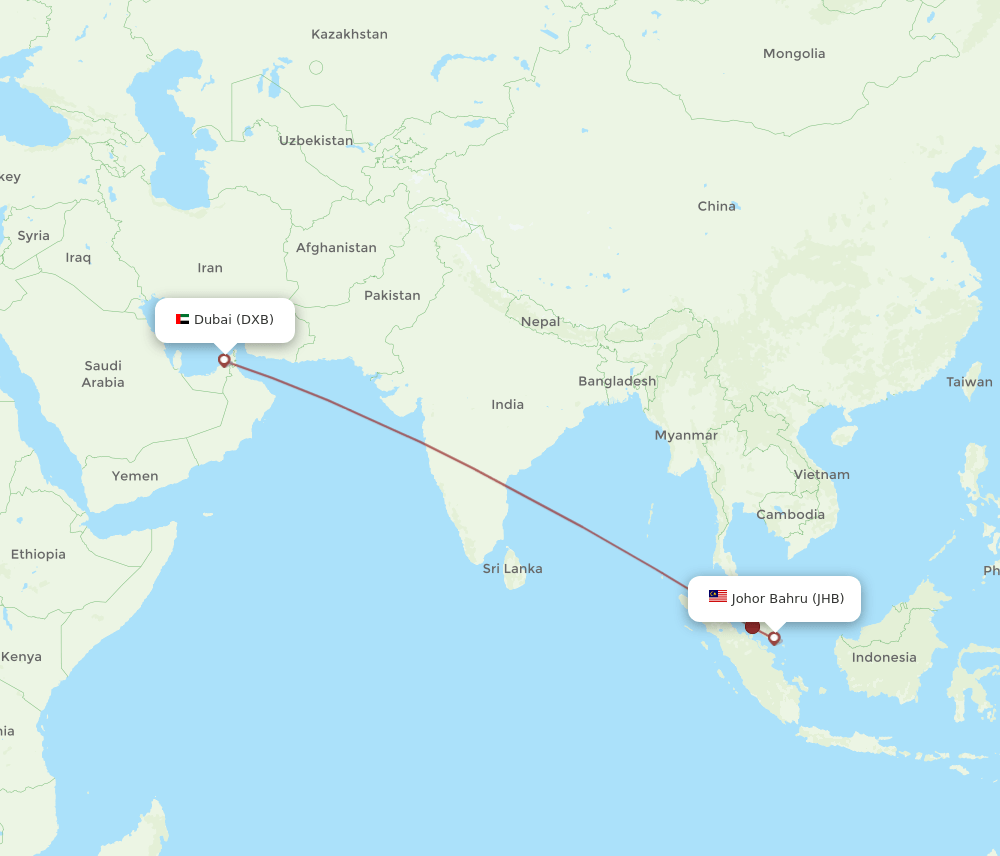 DXB to JHB flights and routes map