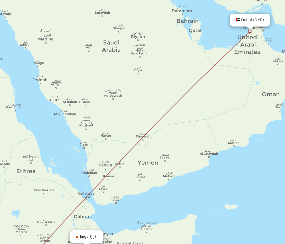 DXB to JIJ flights and routes map