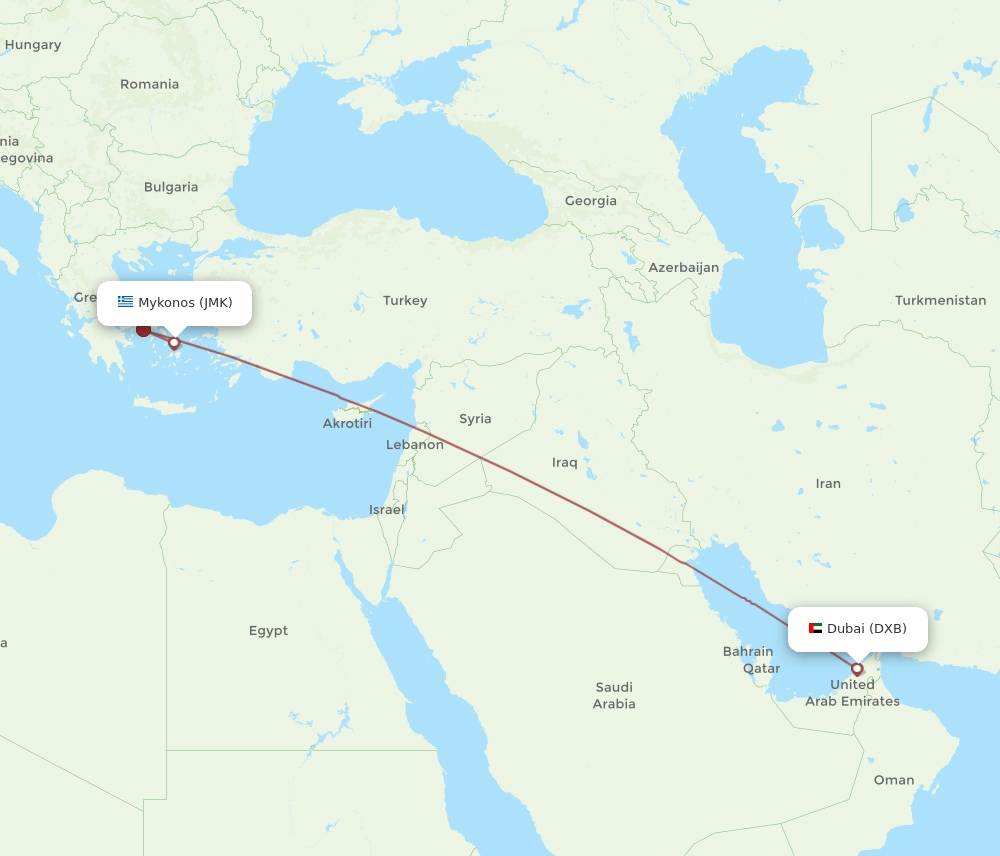 DXB to JMK flights and routes map