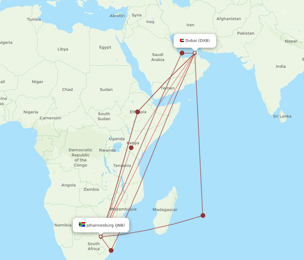 DXB to JNB flights and routes map