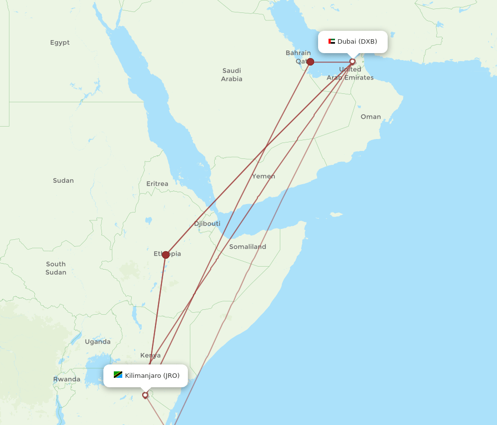 DXB to JRO flights and routes map