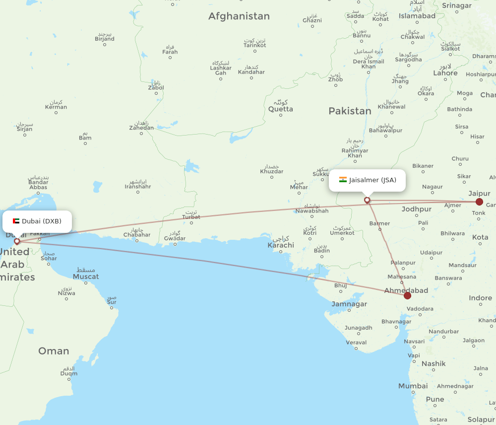 Dubai - Jaisalmer route map and flight paths